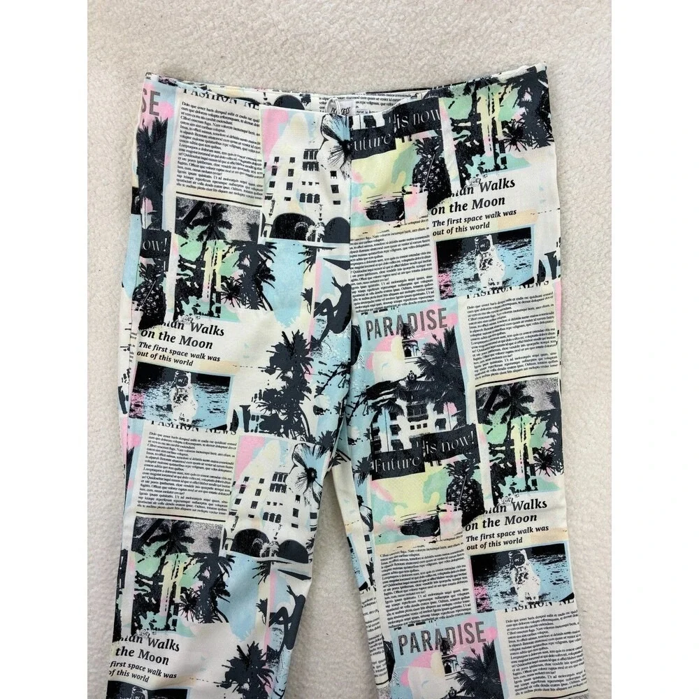 Princess Polly Chino Pants Womens 12 White Newspaper Print Paradise Streetwear